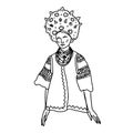 Vector illustration of Ukrainian hutsul woman wearing traditional folk costume. Line art Slavic woman drawing