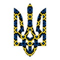 Ukrainian state coat of arms Tryzub with ornament in symbolic blue and yellow colors