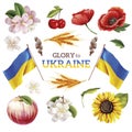 Ukrainian symbols and national attributes isolated on white with slogan