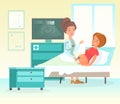 Vector illustration of ultrasound pregnancy screening concept. Lovely female doctor scanning happy and smiley mother