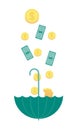 Vector illustration of an umbrella upside down into which coins and dollar bills are poured