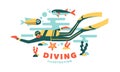 Vector illustration underwater diver surrounded fish