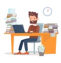 Vector illustration of unhappy tired businessman sitting at the desk with computer and a lot of papers and documents. A