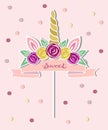 Vector illustration with Unicorn Horn, ears, flower wreath, pink ribbon as topper, patch, sticker.