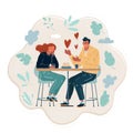 Vector illustration of unrequited love. Bored woman and man in love have a bad date in a cafe. Royalty Free Stock Photo