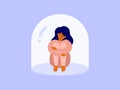 Vector illustration of upset woman sitting hugging her knees under real or imagined glass dome