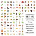 Vector illustration of USA, country, Turkey, Spain, Brazil Belgium Arab Emirates icon set.