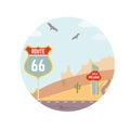 Vector illustration of USA Route 66 and landscape. Royalty Free Stock Photo