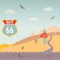 Vector illustration of USA Route 66 and landscape. Royalty Free Stock Photo