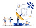 Vector illustration of user communication access is more effective use satellite covered services or more efficient wireless