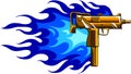 Vector illustration of a gold uzi gun with flames