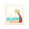 Vector illustration of a vacation photo card with a beach landscape of the sea and palm trees