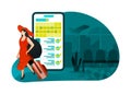 Vector illustration of vacation 4.0, ticket booking application. hat girl leaving for week. smartphone app with recommendation, de