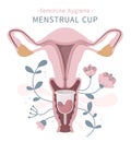 Menstrual cup in vagina with flowers on white