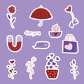 Valentine's day set of stickers with umbrella, gift, magnet, scented candle and floral. Vector illustration for february