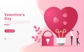 Flat Vector Cartooon illustration valentine day. happy couple holding hands expressing love, the concept of heart shape lights. Royalty Free Stock Photo