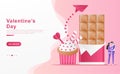 Flat Vector Cartooon illustration valentine day. happy couple are sharing story of love, concept of chocolate, cake, paper plane. Royalty Free Stock Photo