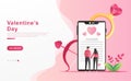 Flat Vector Cartooon illustration valentine day. a man proposes his lover by reading a love letter through a smartphone, ring.