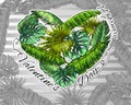 Vector illustration for Valentine`s day with a bright patterned background of tropical leaves