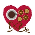 Vector illustration, red heart, cup with coffee, on a white background a heart, with a brown bow, beautiful still life Royalty Free Stock Photo