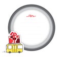 Vector illustration of a Valentine`s day gift card with a yellow bus that carries a great gift with red hearts
