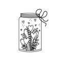 Vector illustration of a Valentine`s day gift. Decorative jar with plants and decorative hearts. Outline