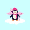 Valentines Day Background With Penquin Cupid On White Cloud