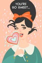 Vector illustration of Valentines day with funny girl eating lollipop.