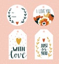 Vector illustration. Valentines day greeting tags templates with love lettering, hearts, flowers and plant wreath.