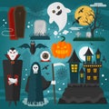 Vector illustration of vampire, castle, death, ghost and other horror different decorations and characters dedicated to