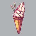 Vector illustration vanilla ice-cream with tubules in cone