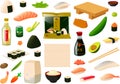 Vector illustration of various Asian Japanese food items and ingredients for making sushi