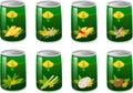 Vector illustration of various canned and jarred preservd Asian vegetables