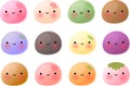 Vector illustration of various cute Japanese dessert mochi with happy faces
