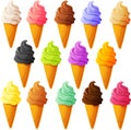 Vector illustration of various kinds of soft serve ice cream in sugar cones