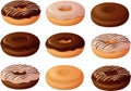 Vector illustration of various old plain, glazed and chocolate frosted donuts or doughnuts