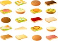 Vector illustration of various open faced sandwiches and breakfast foods