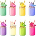 Vector illustration of various party rainbow hipster smoothies in mason jars