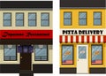 Vector illustration of various shops, stores and restraurants in apartment buildings