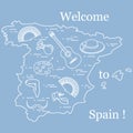 Vector illustration with various symbols of Spain arranged in a circle. Travel and leisure. Design for banner, poster or print