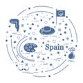 Vector illustration with various symbols of Spain arranged in a circle. Travel and leisure. Design for banner, poster or print