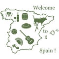 Vector illustration with various symbols of Spain. Travel and leisure. Design for banner, poster or print