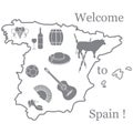 Vector illustration with various symbols of Spain. Travel and leisure. Design for banner, poster or print Royalty Free Stock Photo