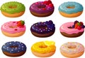 Vector illustration of various trendy hipster donuts with colorful frosting and toppings