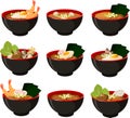 Vector illustration of various typical Asian Japanese noodle soups