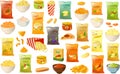 Vector illustration of various unhealty snacks such as potato chips, pop corn and pizza Royalty Free Stock Photo