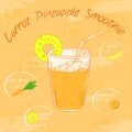 Vector illustration of vegetable smoothie in a glass with a straw and images of ingredients. Printable card or poster.