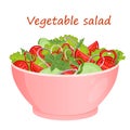 Vector illustration of vegetarian salad in a pink plate on a white background. The salad consists of tomato, lettuce Royalty Free Stock Photo