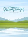 Vector illustration: Vertical Mountain Lake landscape with reflection and handwritten lettering