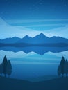 Vector illustration: Vertical Night Mountains Lake landscape with stars, reflection and trees on foreground